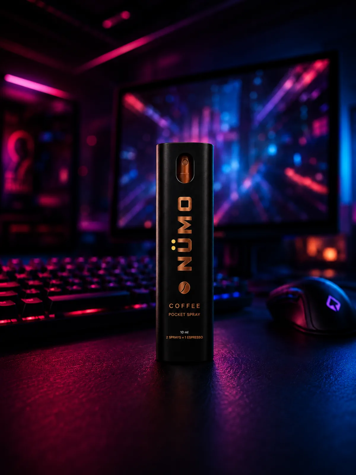 NÜMO sobre un setup de gaming con teclado RGB y monitor de neón